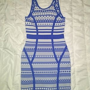 Blue and White Pattern Fitted Dress
